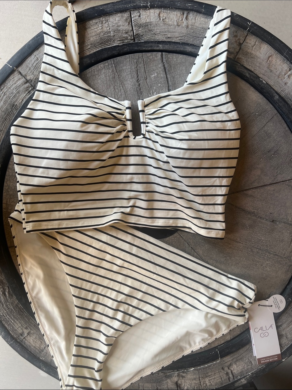 Beautiful CALIA by Carrie Underwood Cream and Black Striped Bikini Set